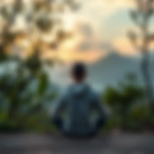 A person sitting calmly in a serene environment, practicing mindfulness and focusing effortlessly on their thoughts, surrounded by nature.