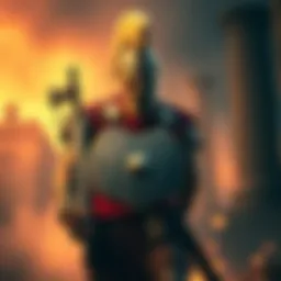 A devoted follower stands proudly with a shield and sword, representing the strength of Ares, the Greek god of war.