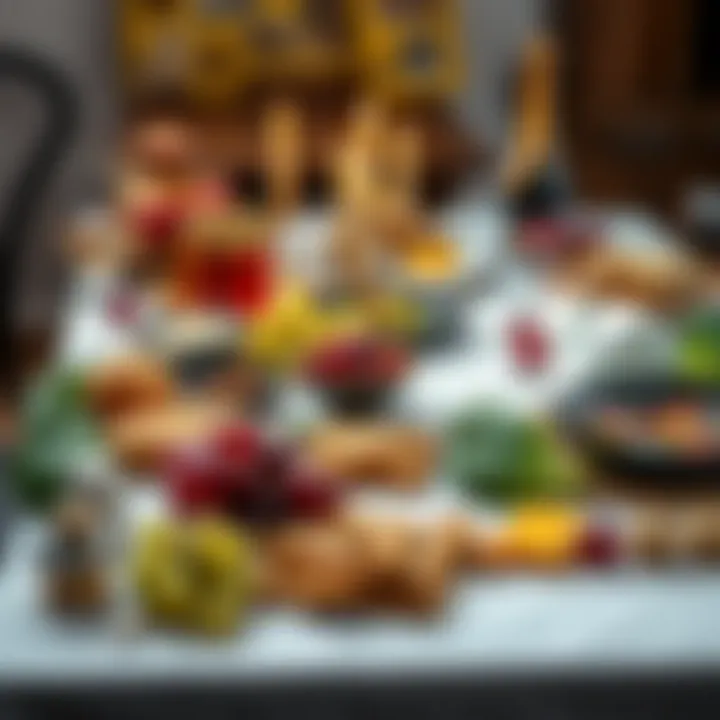 A table set with various foods including grapes and bread, in honor of Lord Dionysus for a Hellenic ritual.