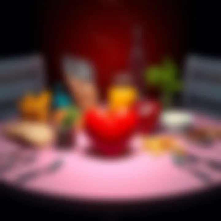 A table with various foods alongside a heart symbol representing love and intimacy