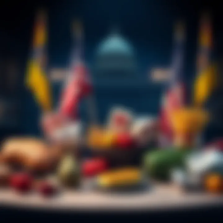 A depiction of food assistance programs being maintained during a government shutdown with flags and food items symbolizing the issue.