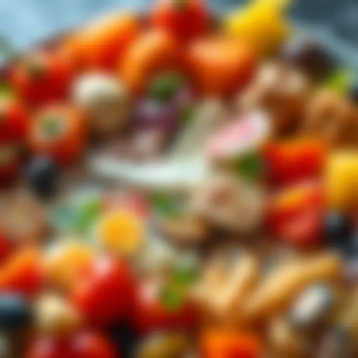 A close-up of a colorful plate of diverse foods symbolizing the relationship between food and culture, with fresh ingredients arranged artistically.