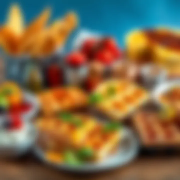 A colorful spread of food items including tomato sauce, waffles, and other dream-inspired foods on a table