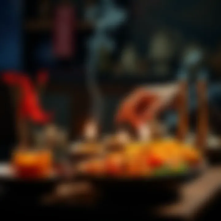 A table set with food and drink offerings, surrounded by incense sticks burning