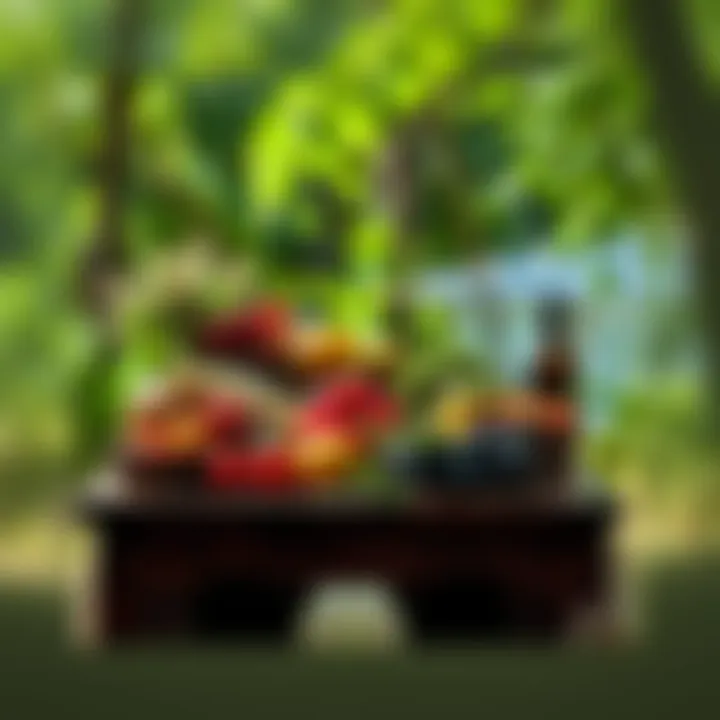 Food and Nature in Spiritual Practice A peaceful scene of a table filled with fresh fruits and vegetables surrounded by greenery, representing the connection between food, nature, and gratitude.