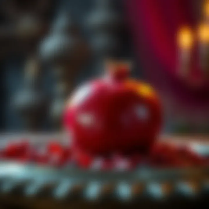 Food Offering to Deity A close-up of a pomegranate placed on an altar, symbolizing a food offering to a deity.