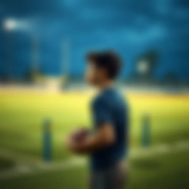 A young person reflecting on missed football opportunities, standing on a field with a football in hand, looking into the distance