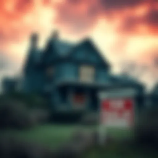 A spooky house for sale surrounded by overgrown weeds, casting an eerie shadow on the neighborhood. The For Sale sign is prominently displayed in the front yard.