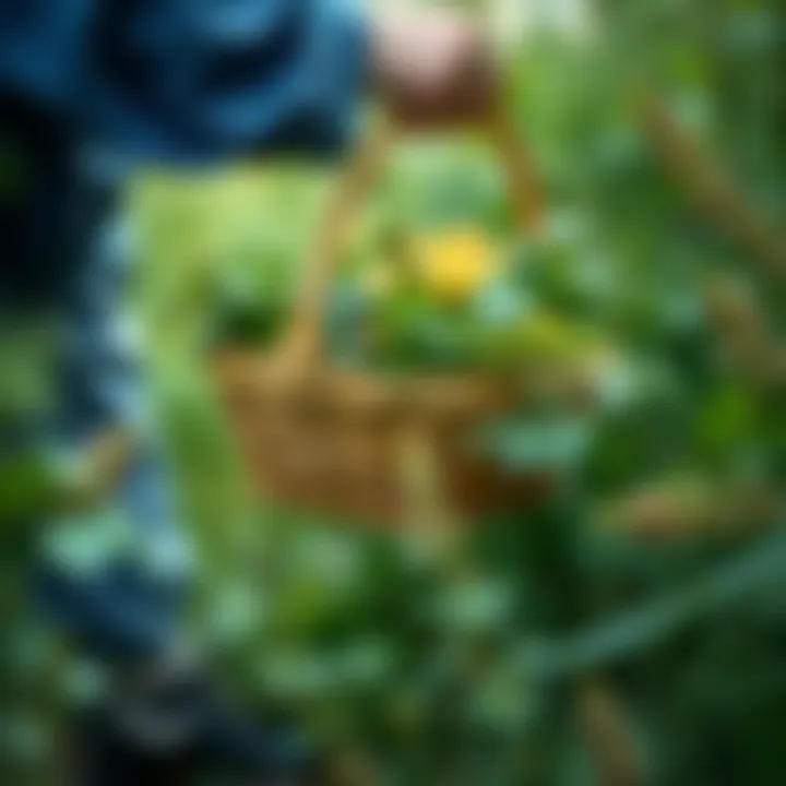 Foraging in Nature A person holding a basket filled with freshly foraged edible plants in a green forest