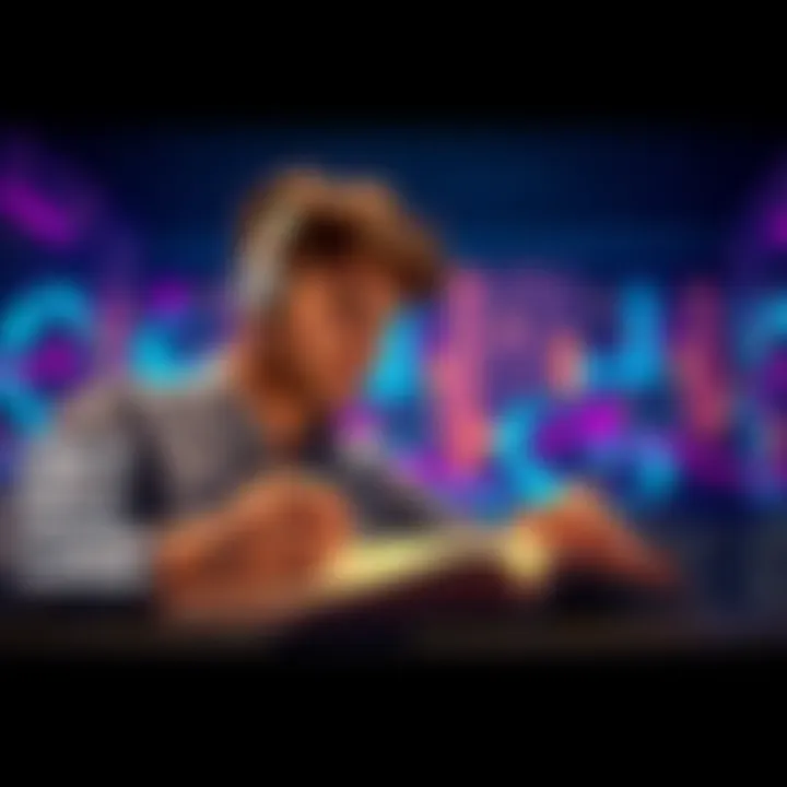 Concept of Forced Affirmations A visual representation showing someone listening to subliminal messages while writing affirmations in a notebook.