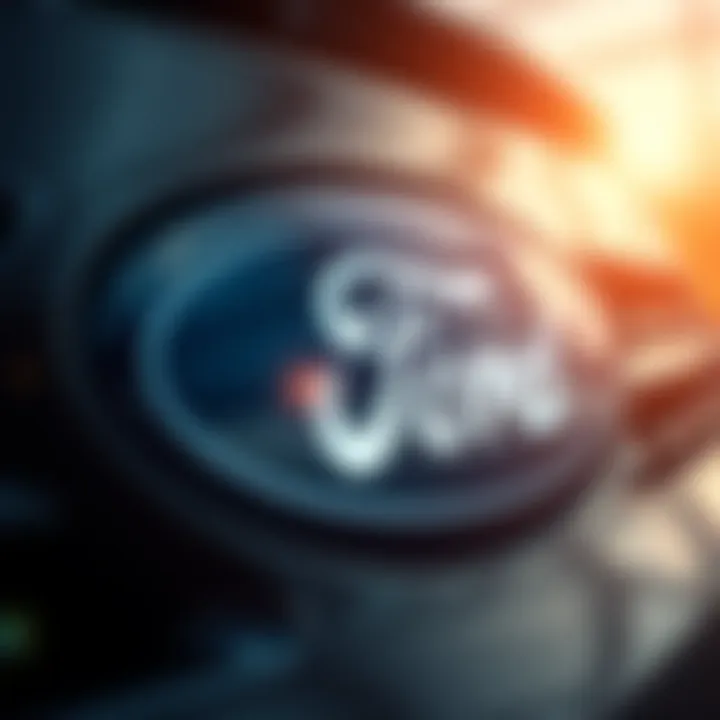 Close-up view of the Ford logo highlighting the small 'e' within it