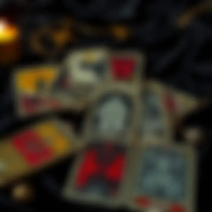 An artistic display of tarot cards on a dark velvet cloth, some cards indicating danger and harm with ominous imagery.