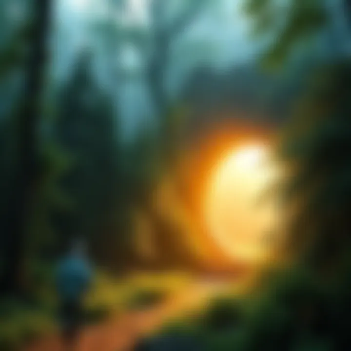 A glowing portal surrounded by lush green trees in a forest.