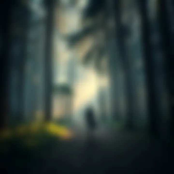 A person walking through a forest with trees that seem out of place, suggesting a strange occurrence or time slip.