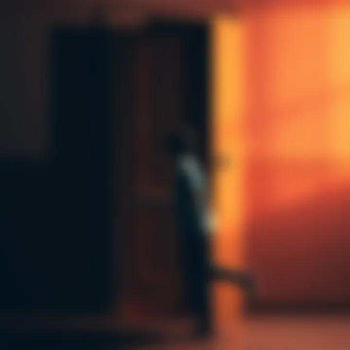 A person pushing another gently through a door, symbolizing the complexity of forgiveness and social interactions.