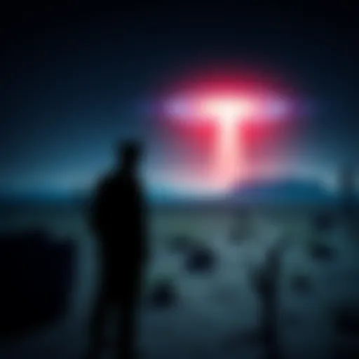 A silhouette of a man in military uniform looking towards the desert with mysterious lights in the sky.