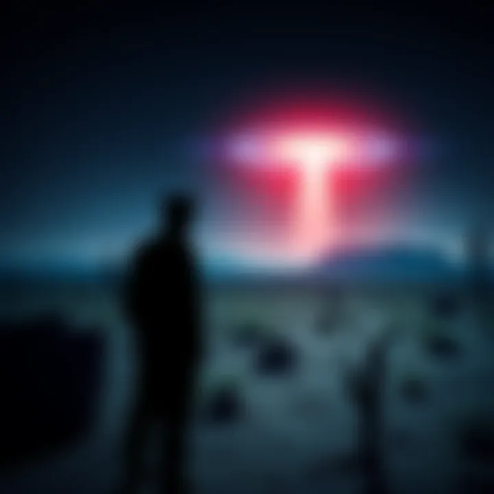 A silhouette of a man in military uniform looking towards the desert with mysterious lights in the sky.