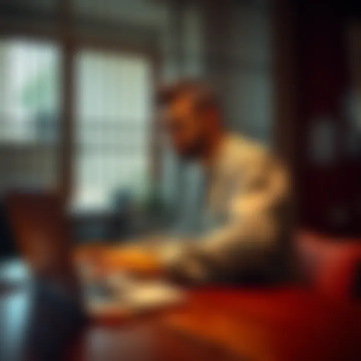 A man in casual clothing sitting at a table with a laptop open, looking thoughtful as he searches for job opportunities, symbolizing the struggle of reintegration after prison.