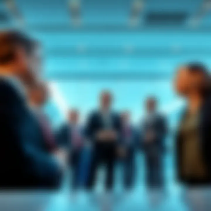 Former Officials in Corporate Office A group of former government officials in business suits discussing in a corporate office setting.