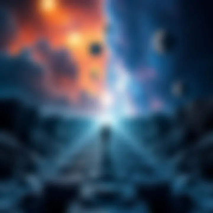 A visual representation of two paths representing individuality and universal connection, with one side showing a person in reflection and the other depicting a cosmic scene.