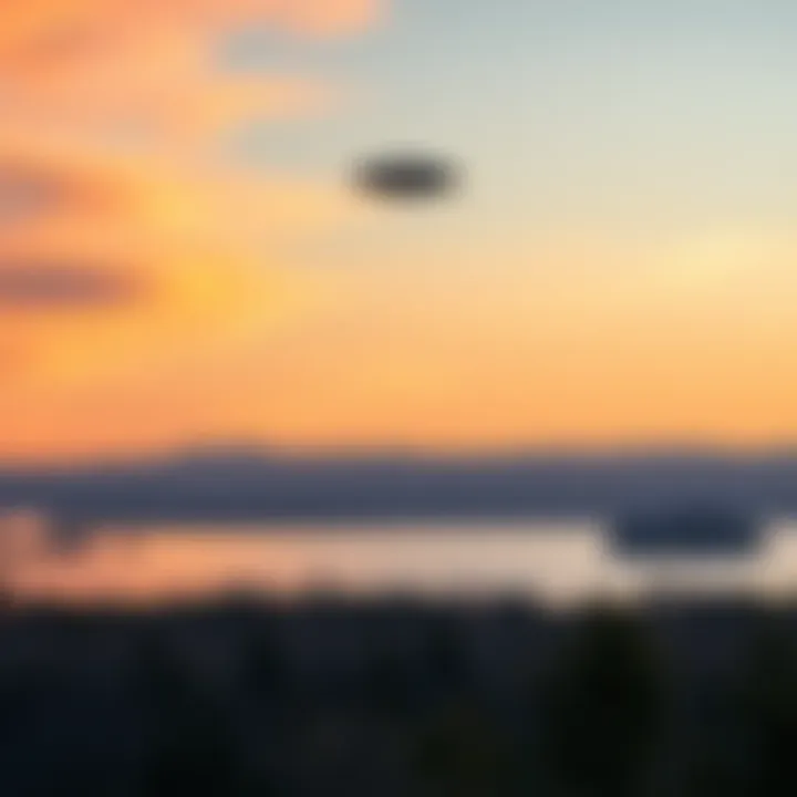 A small, light-colored object floating high above a lake in Fort Collins, Colorado, with surrounding trees and sky visible.