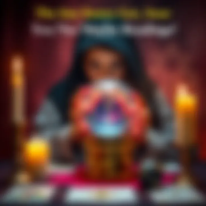 Fortune teller with crystal ball A fortune teller looking at a crystal ball with a mystical atmosphere, surrounded by candles and tarot cards