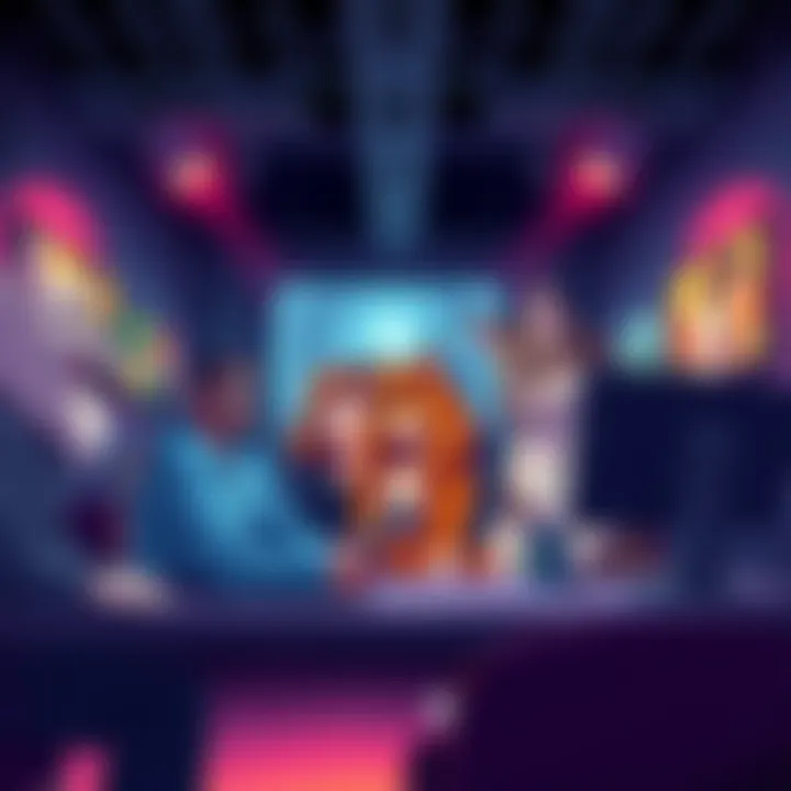 A digital illustration showing a group of diverse people discussing art styles that blend spirituality and furry themes in a lively forum setting