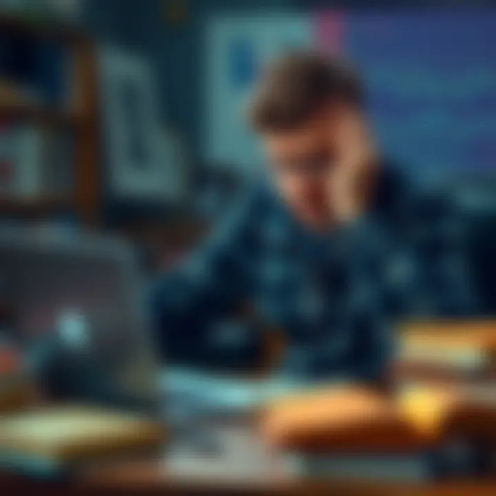 A person looking frustrated while reading through a forum on physics, surrounded by books and a laptop, reflecting concerns over content quality.