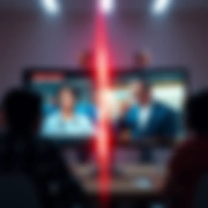 Graphic showing a split screen: one side with a person making threats online, and the other showing a person being banned for a political comment.