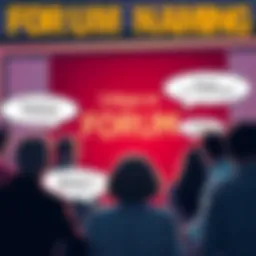 A group of people discussing opinions about renaming a forum, with speech bubbles showing various thoughts.