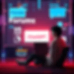 A person sitting with a laptop, looking at forums on one side and ChatGPT on the other, contemplating their choice for questions and answers.