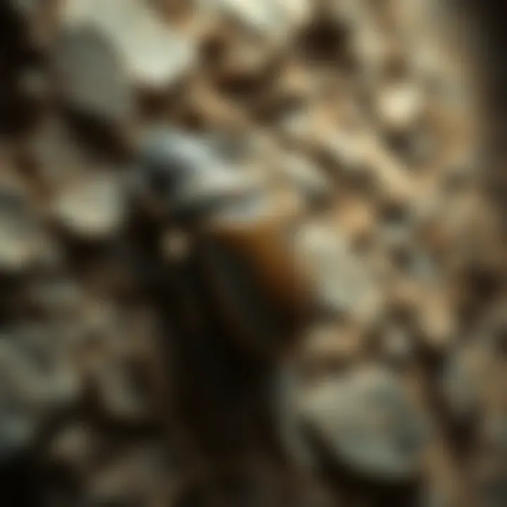 A detailed view of a fossilized Egyptian scarab beetle found in the Rocky Mountains, surrounded by rocky terrain.