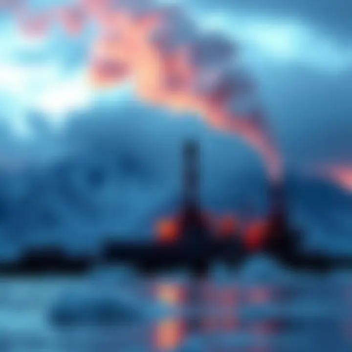 A factory emitting smoke with a backdrop of melting ice caps, symbolizing the conflict between fossil fuel companies and climate change.