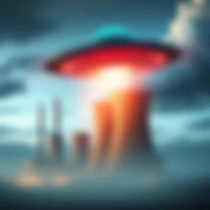 A fossil fuel power plant with a UFO hovering above it, symbolizing the clash between energy industries and extraterrestrial disclosure.