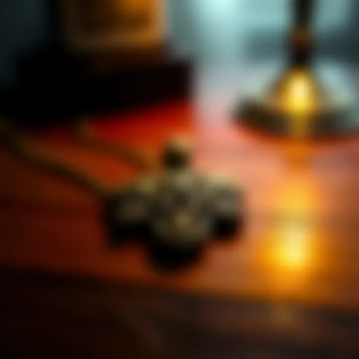 A close-up of a shiny necklace resting on a wooden table, with a soft light illuminating its intricate design.