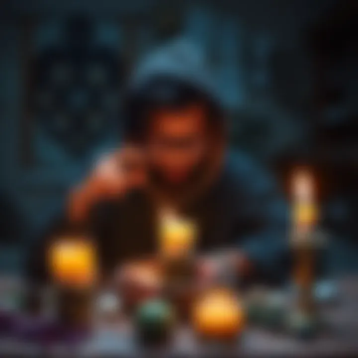 A person focused on practicing spellwork with candles and herbs around them