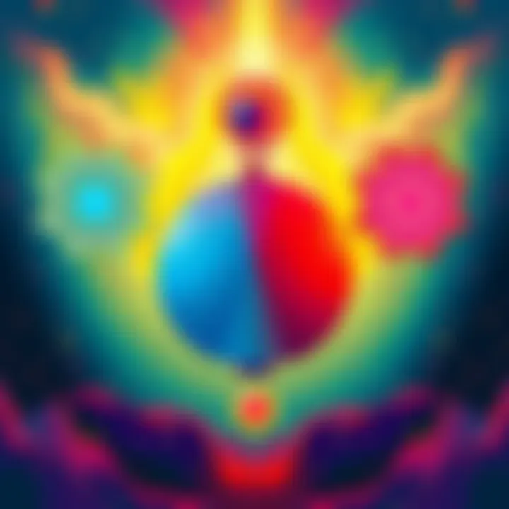 An illustration showing symbols representing the four laws of manifestation: Attraction, Vibration, Assumption, and a fourth concept. Bright colors and abstract designs create an inspiring atmosphere.