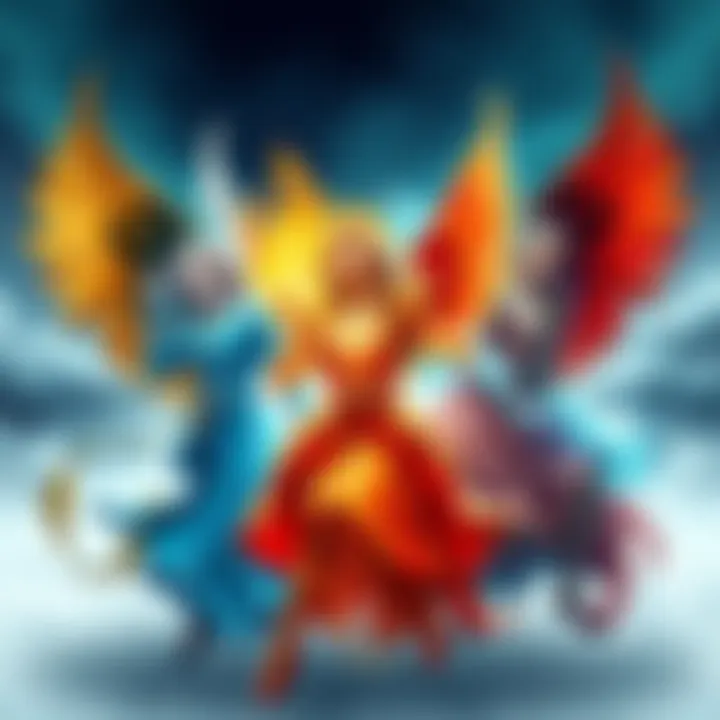 Four Elemental Archangels Illustration of four archangels representing earth, air, fire, and water, each with distinct attributes and colors, symbolizing their elemental powers.