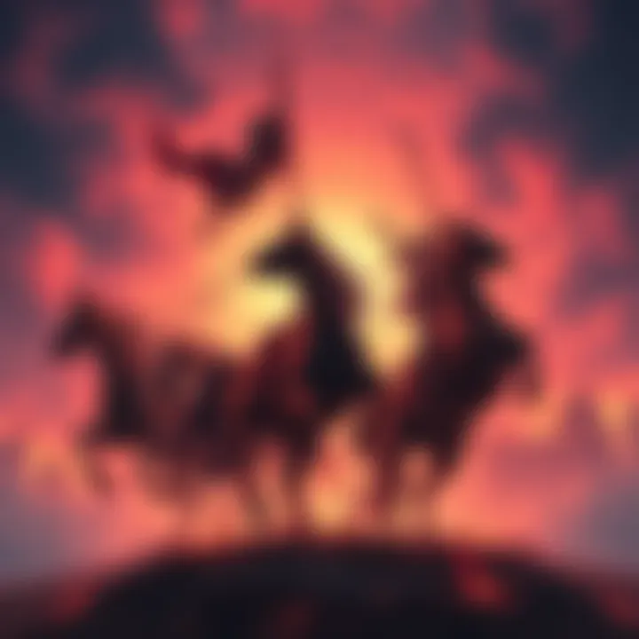 Illustration depicting the Four Horsemen symbolizing warfare, famine, pestilence, and death from Zechariah and Revelation, amidst a background of modern geopolitical tension.