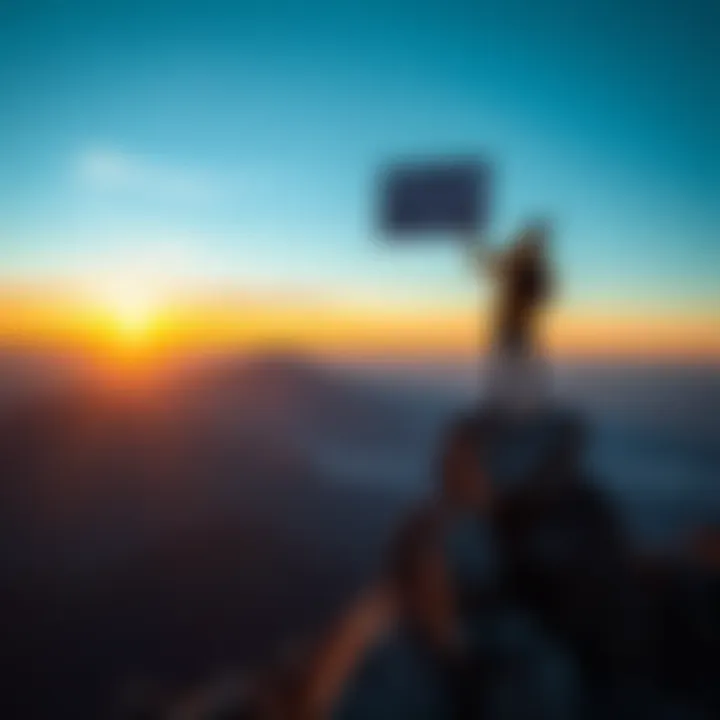 A person standing on a mountain peak holding a sign with four impactful words, symbolizing motivation and life change.