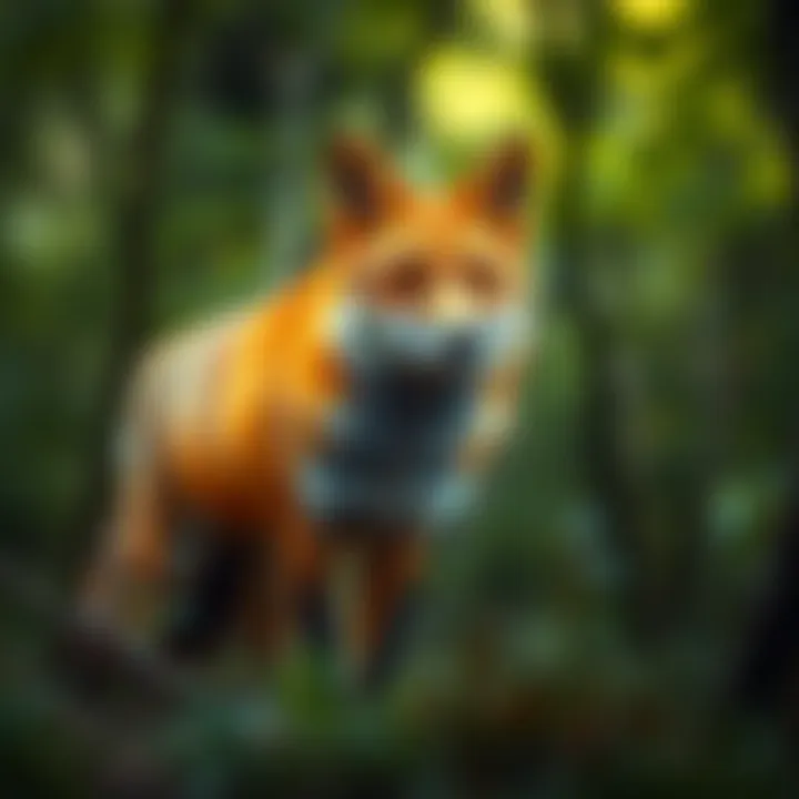 A fox standing alert in a green forest, symbolizing its cultural significance.