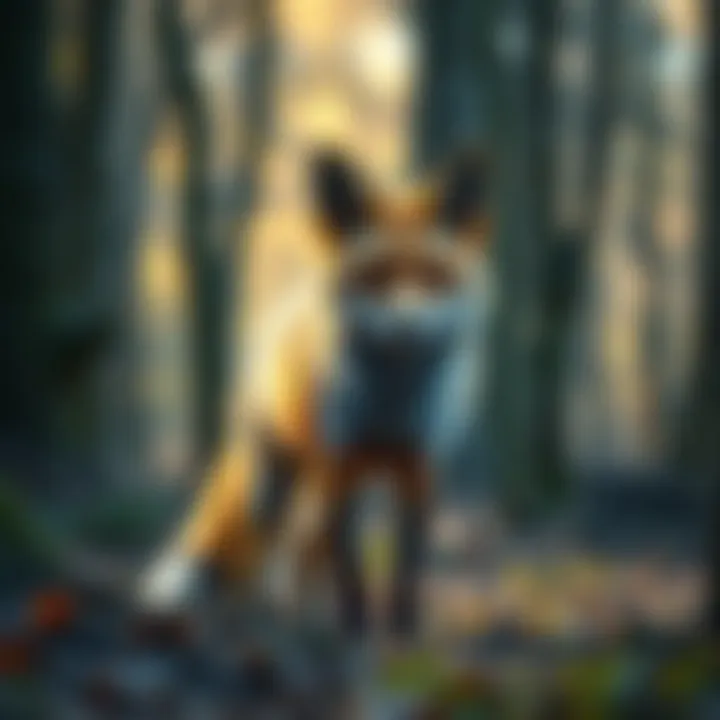 A fox-like entity stands among trees, looking curious and attentive during a calm day.