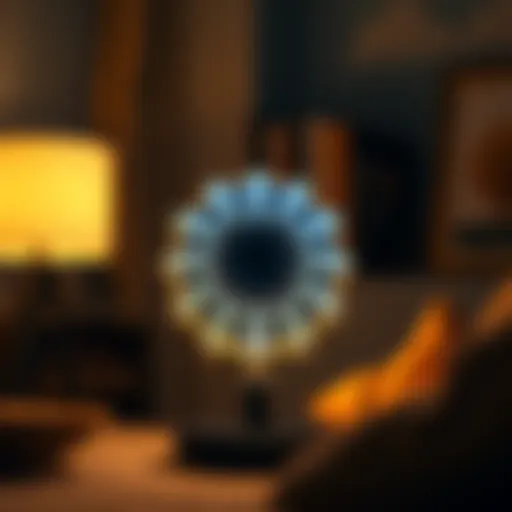 A beautifully designed fractal lamp showcasing intricate patterns inspired by sacred geometry, glowing softly in a cozy setting.
