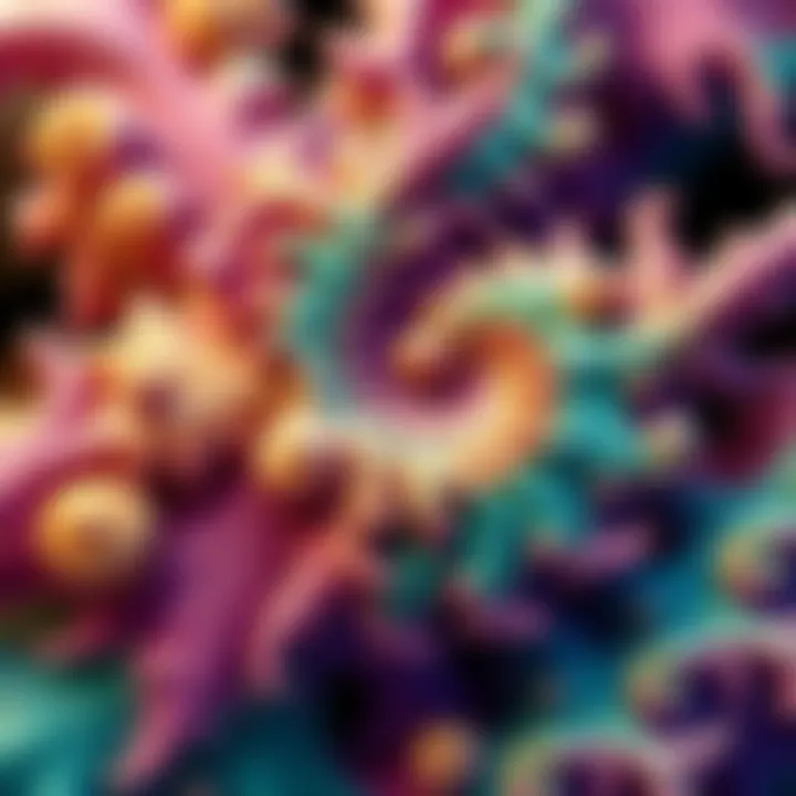 A close-up view of vibrant fractal patterns resembling leaves and branches in nature, showing their intricate designs.