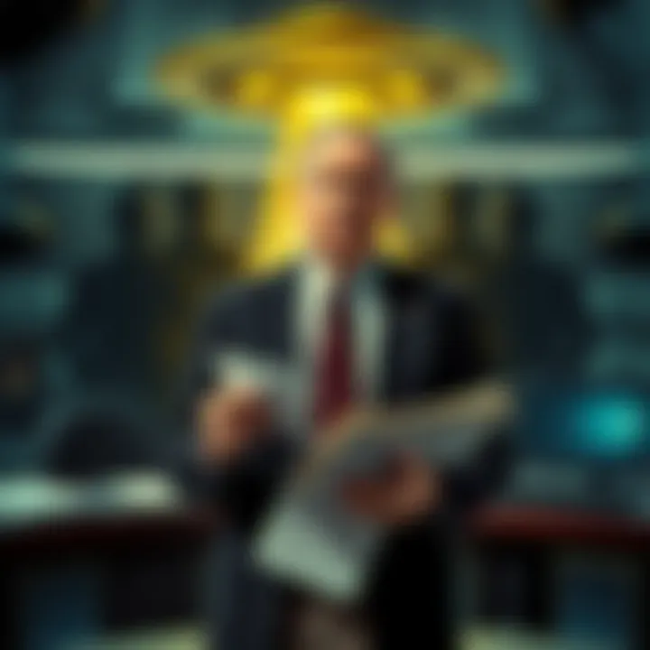 Frank Edwards standing in front of a broadcasting studio with a worried expression, holding notes about UFOs, with dark shadows in the background suggesting men in black