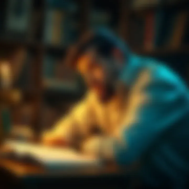 A thoughtful person reflecting on philosophical ideas with books and notes around them.