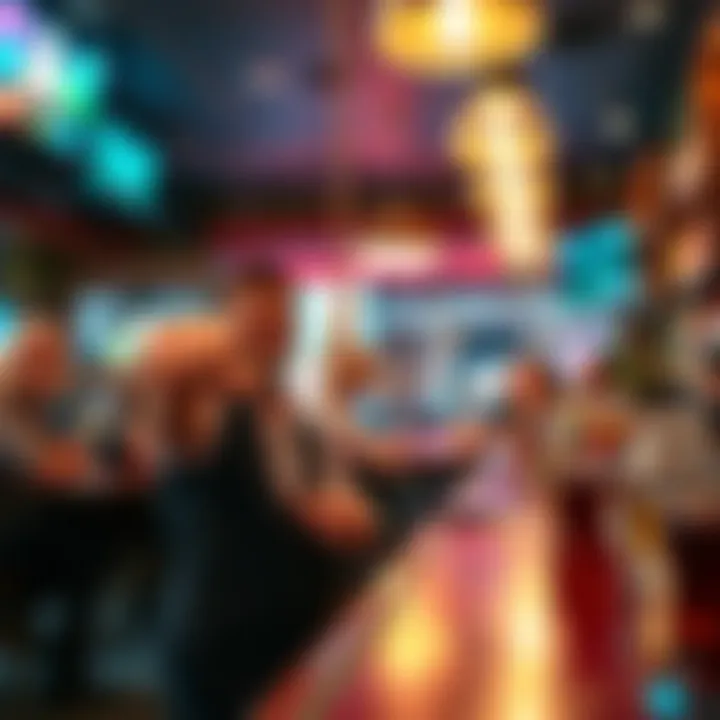 A frayed string humorously interacts with a bartender in a lively bar setting, with amused patrons in the background.