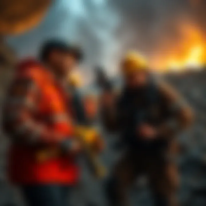 Freddy and Juan interacting with prospectors during a mine rescue event, showcasing teamwork and mining tools.