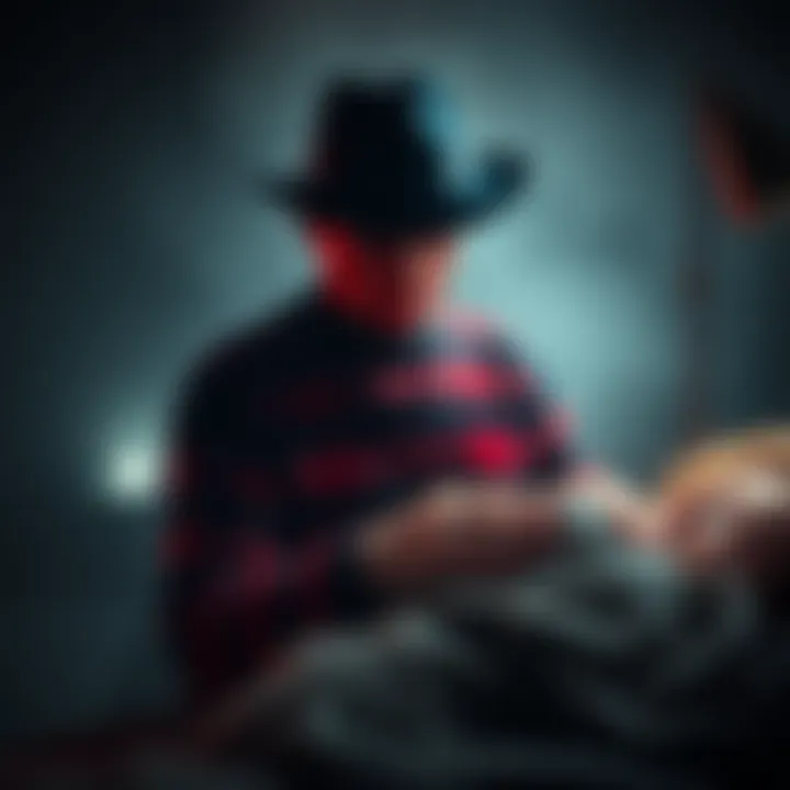 Freddy Krueger in a dark realm, wearing his iconic fedora and striped sweater, alongside a shadowy figure resembling the Hatman, both looming over a frightened person asleep in bed.