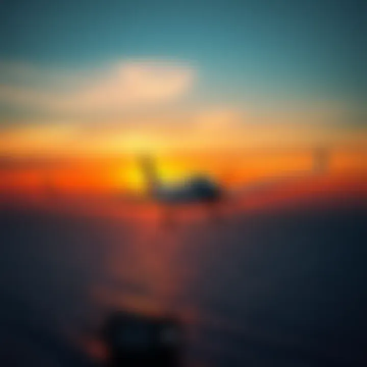 An aircraft flying over the ocean at sunset, symbolizing the disappearance of Frederick Valentich, with an audio recording device displayed in the foreground.